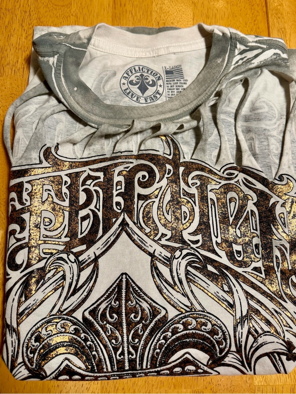 Affliction Gray Tee with Gold Metallic Ornate Graphic